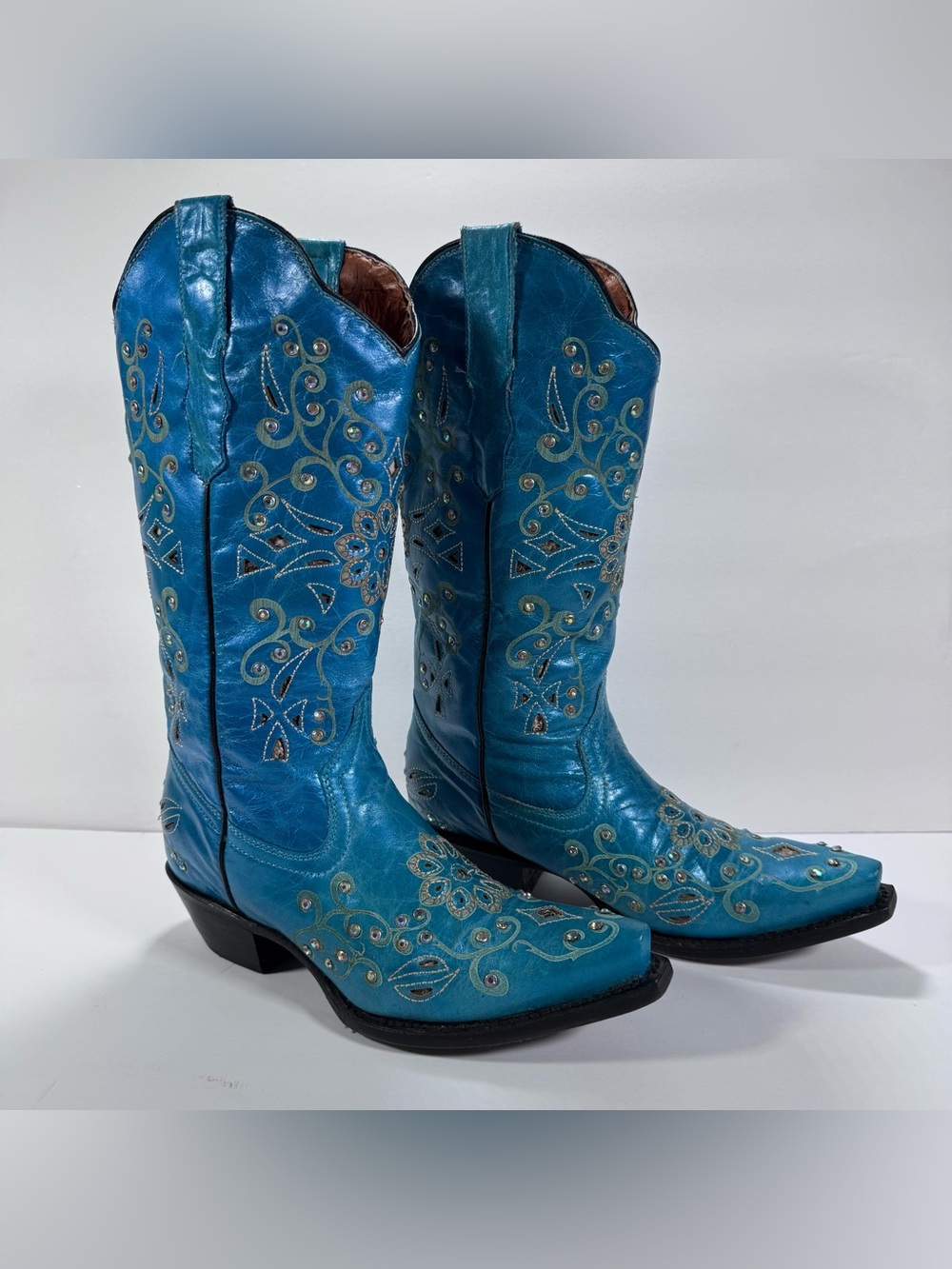 Cowboy Pro Teal Blue Leather Rhinestone Studded Western Boots Women Size 6.5